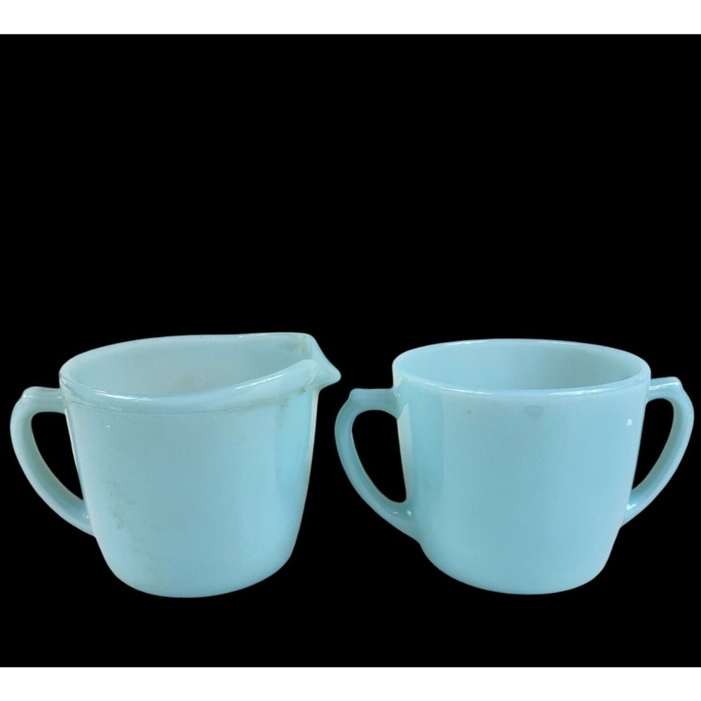 Vintage Delphite Fire King Creamer & Sugar Set Turquoise Blue Milk Glass NICE